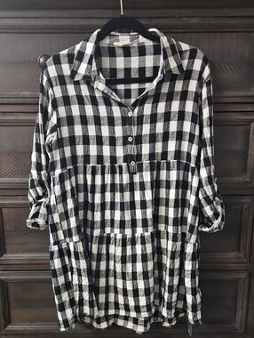 lovestitch Black and White Checkered Button-Front Tunic